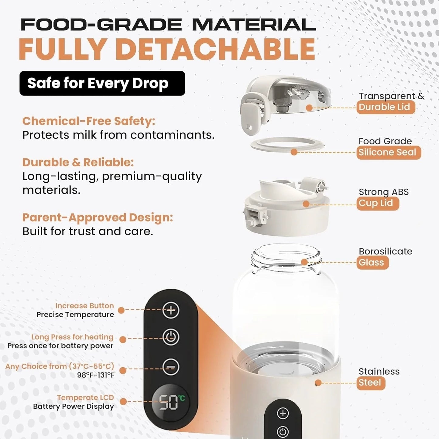 Chauffe-biberons portables rechargeables 37-55 °C, chauffage et décongélation rapides du lait et de l'eau, chauffe-biberons électriques sans fil, idéal pour les voyages