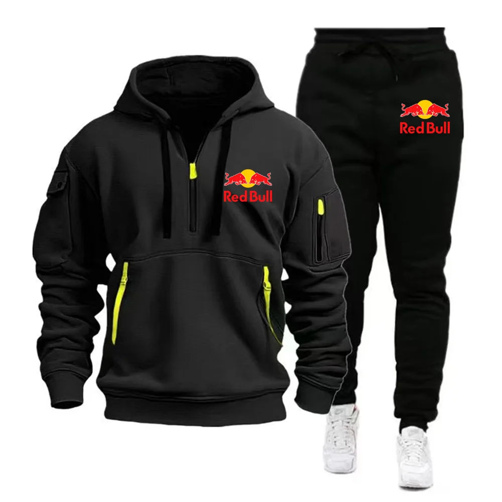 2025 New Red Bull European Size Autumn/Winter Men's Hoodie Set Kangaroo Pocket Hoodie Sports Pants Two Piece Set