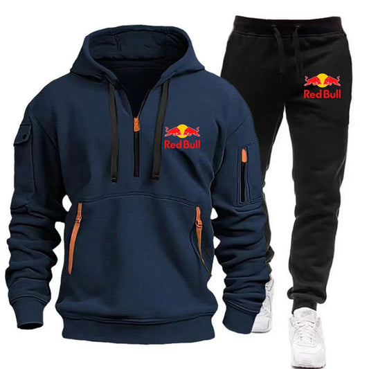 2025 New Red Bull European Size Autumn/Winter Men's Hoodie Set Kangaroo Pocket Hoodie Sports Pants Two Piece Set