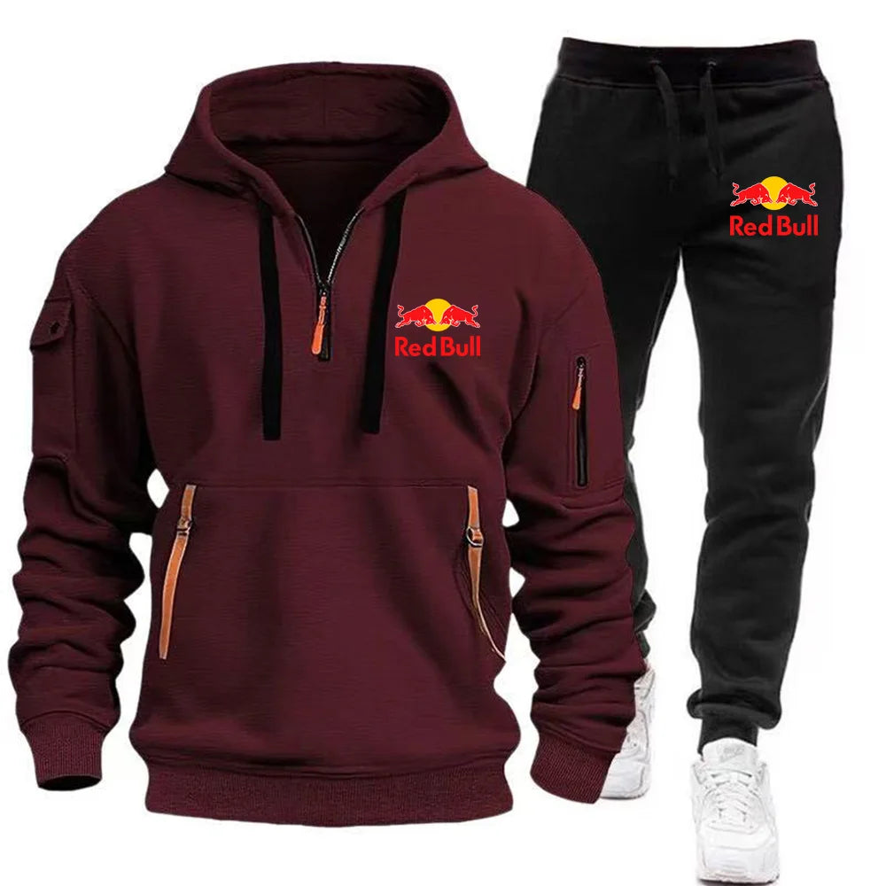 2025 New Red Bull European Size Autumn/Winter Men's Hoodie Set Kangaroo Pocket Hoodie Sports Pants Two Piece Set