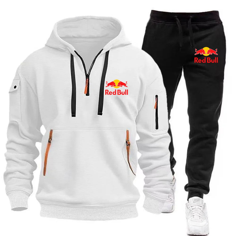2025 New Red Bull European Size Autumn/Winter Men's Hoodie Set Kangaroo Pocket Hoodie Sports Pants Two Piece Set
