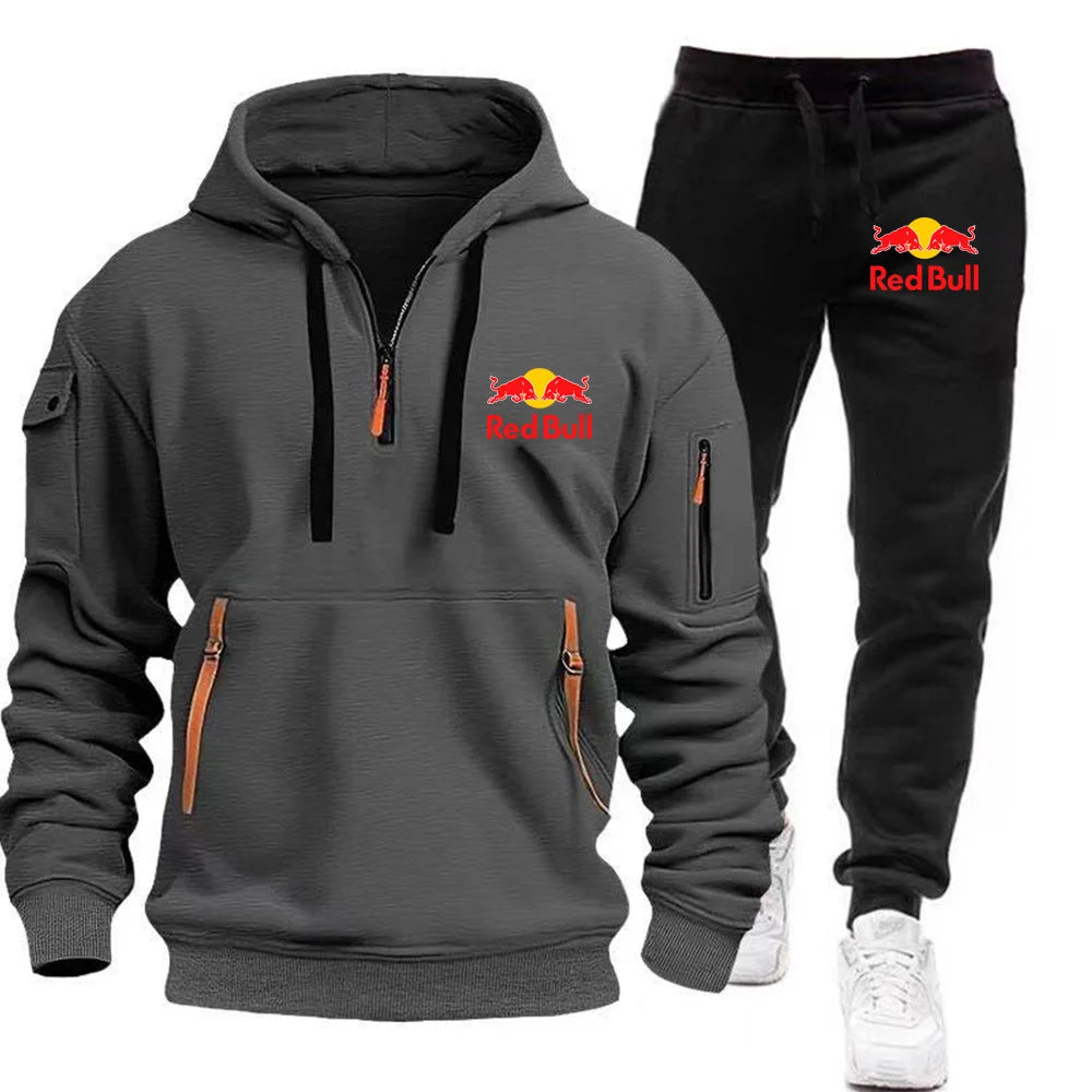 2025 New Red Bull European Size Autumn/Winter Men's Hoodie Set Kangaroo Pocket Hoodie Sports Pants Two Piece Set