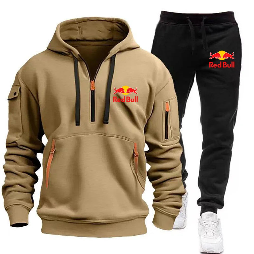 2025 New Red Bull European Size Autumn/Winter Men's Hoodie Set Kangaroo Pocket Hoodie Sports Pants Two Piece Set