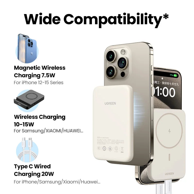 Batterie externe magnétique UGREEN PD20W 10 000 mAh, charge rapide sans fil, compatible MagSafe pour iPhone 17, 15 Pro Max et 16 Pro.