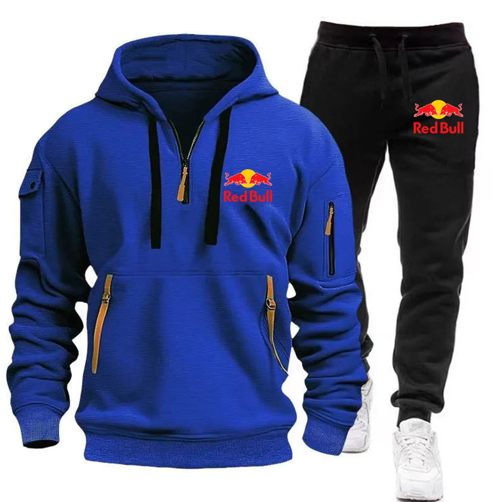 2025 New Red Bull European Size Autumn/Winter Men's Hoodie Set Kangaroo Pocket Hoodie Sports Pants Two Piece Set