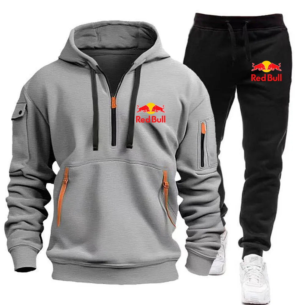 2025 New Red Bull European Size Autumn/Winter Men's Hoodie Set Kangaroo Pocket Hoodie Sports Pants Two Piece Set